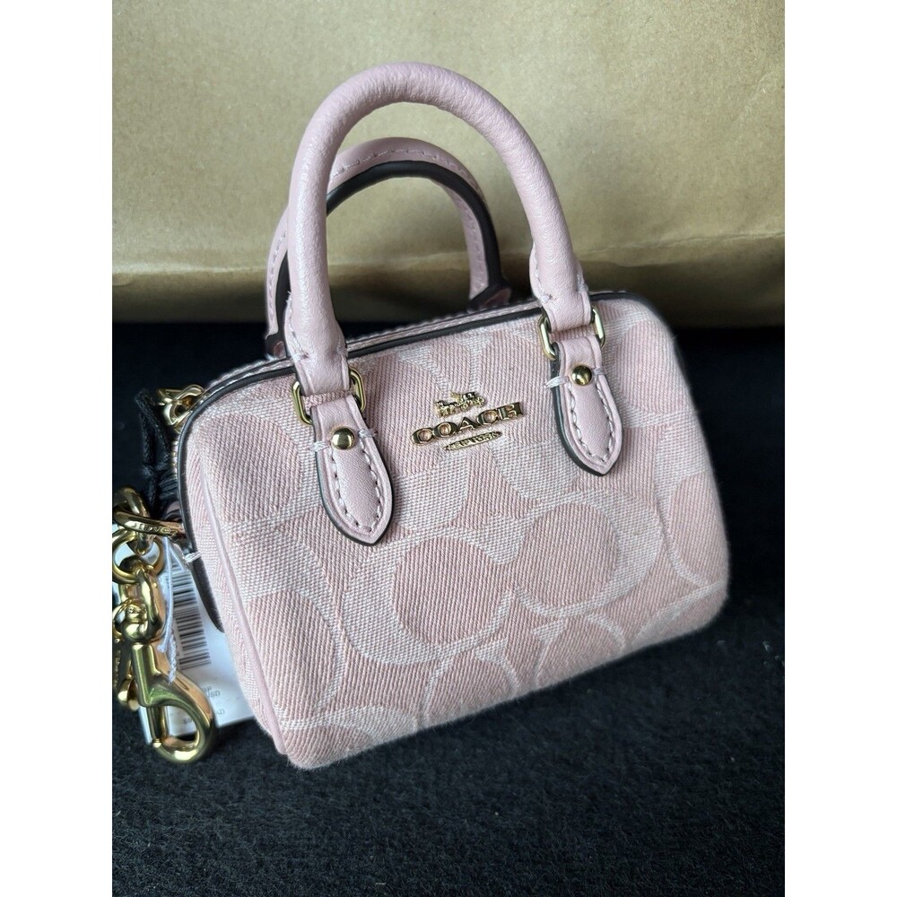 Coach Mini Rowan Bag Charm Signature Denim Gold Light Pink CEU38 NWT
